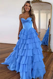 Blue A Line Strapless Satin Corset Long Prom Dress with Ruffle Skirt