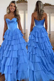 Blue A Line Strapless Satin Corset Long Prom Dress with Ruffle Skirt