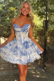 Blue Floral Ruffled Corset A Line Short Homecoming Dress To Impress