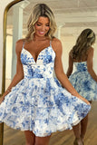 Blue Floral Ruffled Tiered Spaghetti Straps Homecoming Dress To Impress