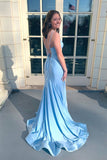 Blue Mermaid V Neck Double Straps Satin Long Prom Dress
