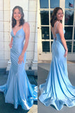 Blue Mermaid V Neck Double Straps Satin Long Prom Dress