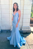 Blue Mermaid V Neck Double Straps Satin Long Prom Dress