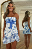 Pink Floral Tight Ruffled Strapless Homecoming Dress To Impress