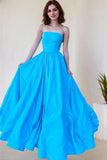 Blue A-Line Satin Strapless Pleated Long Prom Dress