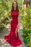 Burgundy Mermaid Scoop Neck Satin Pleated Long Prom Dress with Train