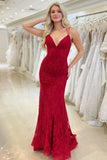 Red Mermaid Spaghetti Straps V Neck Lace Long Prom Dress