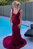 Burgundy Mermaid Straps Satin Pleated Long Prom Dress with Train