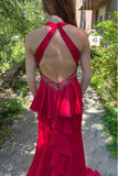 Burgundy Mermaid Scoop Neck Satin Pleated Long Prom Dress with Train