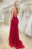 Red Mermaid Spaghetti Straps V Neck Lace Long Prom Dress