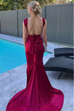 Burgundy Mermaid Straps Satin Pleated Long Prom Dress with Train