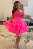 Fuchsia A Line Corset Short Homecoming Dress with Ruffles