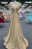Champagne A-Line Glitter Feathers Pleated Long Prom Dress with Appliques