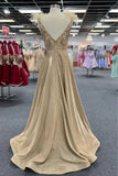Champagne A-Line Glitter Feathers Pleated Long Prom Dress with Appliques