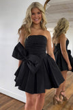 Black A-Line Strapless Short Satin Homecoming Dress With Bowknot