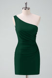 Dark Green One Shoulder Bodycon Ruched Short Homecoming Dress
