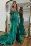 Emerald Green Mermaid Off the Shoulder Corset Long Prom Dress with Slit