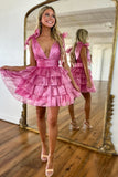 Stunning Pink A-Line V-Neck Short Tiered Homecoming Dress