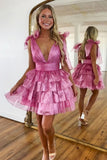 Stunning Pink A-Line V-Neck Short Tiered Homecoming Dress