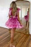 Stunning Pink A-Line V-Neck Short Tiered Homecoming Dress