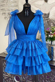 Stunning Pink A-Line V-Neck Short Tiered Homecoming Dress