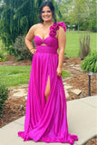 Fuchsia A-Line One Shoulder Keyhole Pleated Long Prom Dress with Slit