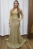 Sparkly Golden Mermaid Strapless Sequined Long Prom Dress