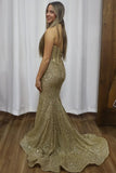 Sparkly Golden Mermaid Strapless Sequined Long Prom Dress