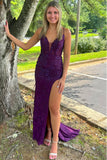 Dark Purple Mermaid Spaghetti Straps V-Neck Appliques Long Prom Dress with Slit