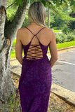 Dark Purple Mermaid Spaghetti Straps V-Neck Appliques Long Prom Dress with Slit