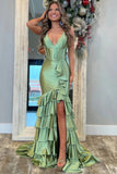 Green Mermaid Satin Tiered Long Prom Dress with Slit