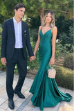 Dark Green Mermaid V-Neck Spaghetti Straps Satin Pleated Long Prom Dress