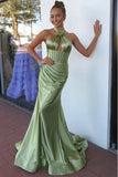 Green Mermaid Halter Satin Pleated Long Prom Dress