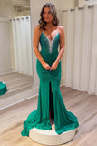Green Mermaid Deep V Neck Beaded Prom Dress with Slit