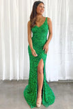 Glitter Green Mermaid V Neck Long Prom Dress with Slit
