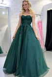 Green A Line Strapless Sweetheart Tulle Long Prom Dress with Appliques