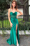 Green Mermaid Spaghetti Straps Pleated Satin Long Prom Dress with Slit
