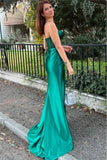 Green Mermaid Spaghetti Straps Pleated Satin Long Prom Dress with Slit