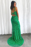 Glitter Green Mermaid V Neck Long Prom Dress with Slit