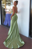 Green Mermaid Halter Satin Pleated Long Prom Dress