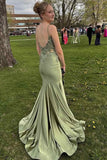 Green Mermaid Spaghetti Straps Long Prom Dress with Appliques