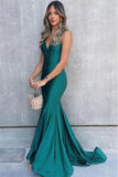 Dark Green Mermaid V-Neck Spaghetti Straps Satin Pleated Long Prom Dress