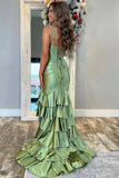 Green Mermaid Satin Tiered Long Prom Dress with Slit