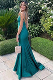 Dark Green Mermaid V-Neck Spaghetti Straps Satin Pleated Long Prom Dress
