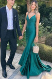 Green Mermaid V-Neck Spaghetti Straps Pleated Long Prom Dress