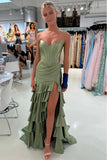 Green Mermaid Strapless V-Neck Pleated Satin Tiered Long Prom Dress with Slit
