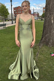 Green Mermaid Spaghetti Straps Long Prom Dress with Appliques