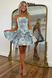 Grey Blue A Line Floral Strapless Short Homecoming Dress To Impress