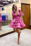 Stunning Pink A-Line V-Neck Ruffled Short Tiered Homecoming Dress