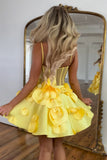 Yellow A-Line Spaghetti Straps Short Homecoming Dress with 3D Flowers